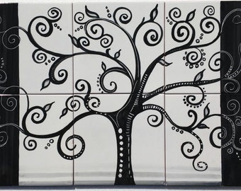 Hand-Painted Tile Mural – “The Painted Tree” | Black Tree Ceramic Art | Italian Wall Decor for Kitchen & Outdoor Spaces