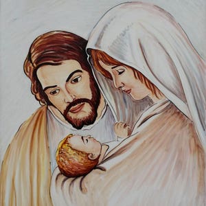 Nativity Holy Family Scene, Hand Painted Religious Ceramic Tile Mural for Wall Mounting, Saint Joseph and Virgin Mary With Child Jesus