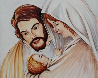 Hand Painted Nativity Ceramic Tile Mural, Holy Family Religious Art