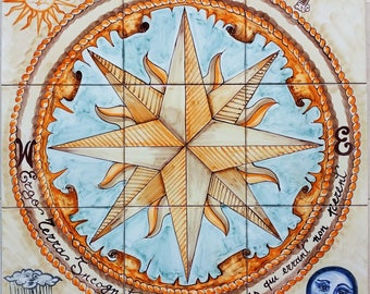 Hand-Painted Compass Rose Tile Mural, Medieval Pink