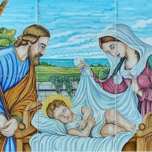 Catholic Art, Nativity Holy Family Painting, Jesus Holy Family Backsplash Mural Tiles , Jesus, Mary, Joseph, Virgin Mary, Mural Backsplash