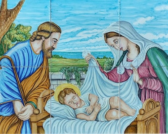 Catholic Art, Nativity Holy Family Painting, Jesus Holy Family Backsplash Mural Tiles , Jesus, Mary, Joseph, Virgin Mary, Mural Backsplash