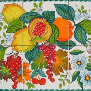Hand Painted Tile Mural - Ceramic Tile Art - Pomegranate Painting - Grape Decor - Orange Painting - Lemon Painting - Kitchen Wall Decor