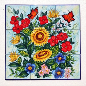 Flower Tile Decoration, Poppy Flowers, Butterfly Flower, Kitchen Backsplash Idea, Painting Art Coloring, Home Decor