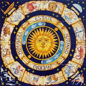 Handgemalte Sternzeichen-Kompass-Keramikfliesen, Horoskop-Daten, Sonnenkompass, Astrologie, italienischer Stil, Kompass-Wandkunst, Kostenstellenkunst