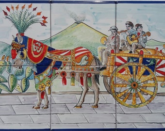 Backsplash Decor,  Volcanic Art, Italian Tile Mural, Sicilian Cart, Mount Etna, Wall Decor, Sicilian Style, Traditional Style