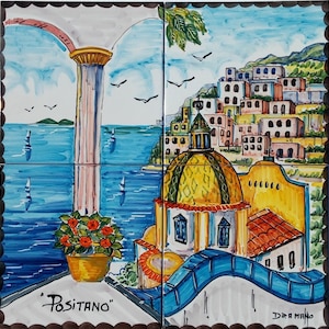 Murale di piastrelle dipinte a mano di Positano, Italia, arredamento mediterraneo