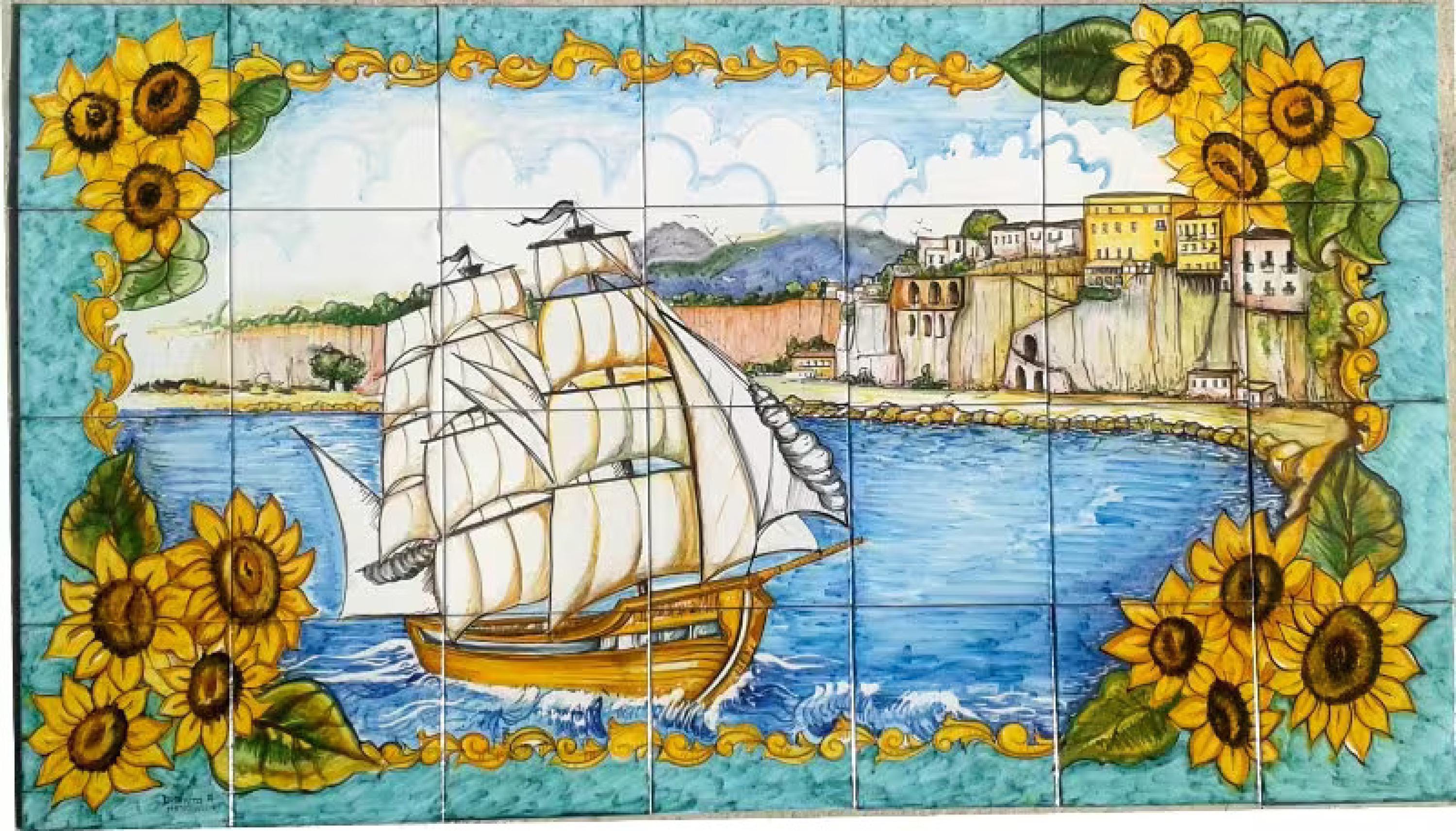 Murale Di Piastrelle Italiane Dipinto A Mano, Veliero, Decorazione Con Girasoli