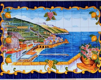 Amalfi Coast Tile Mural, Hand-Painted Italian Art, Backsplash Decor