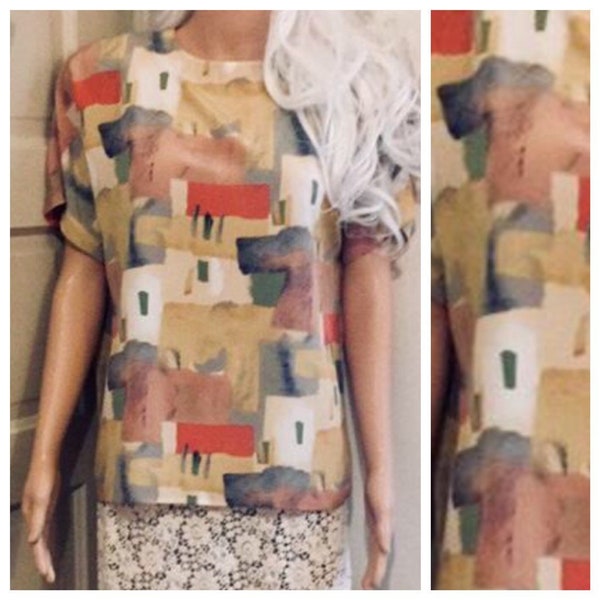 80's Abstract Desert Print Multi-Colored Boxy Blouse