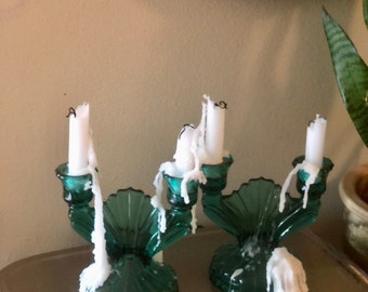 Pair of Vintage Green-Blue/Teal Jeannette Co Glass Candlestick Holders Pair, "Swirl Double" Design, 1930s