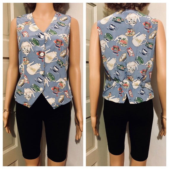 90's Silk Teacup Print Button-Up Vest