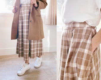 Milk Tea Plaid - Midi Skirt with Pockets  ( Women Sizes XS - 2XL) Stretchy with Inner Lining Fabric