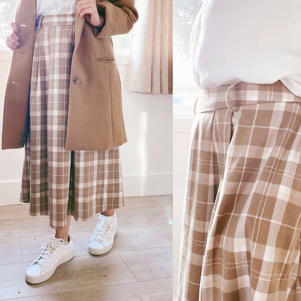 Milk Tea Plaid - Midi Skirt with Pockets  ( Women Sizes XS - 2XL) Stretchy with Inner Lining Fabric