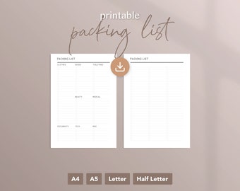 Printable Packing List  | A4, A5, Letter, Half Letter Planner Inserts