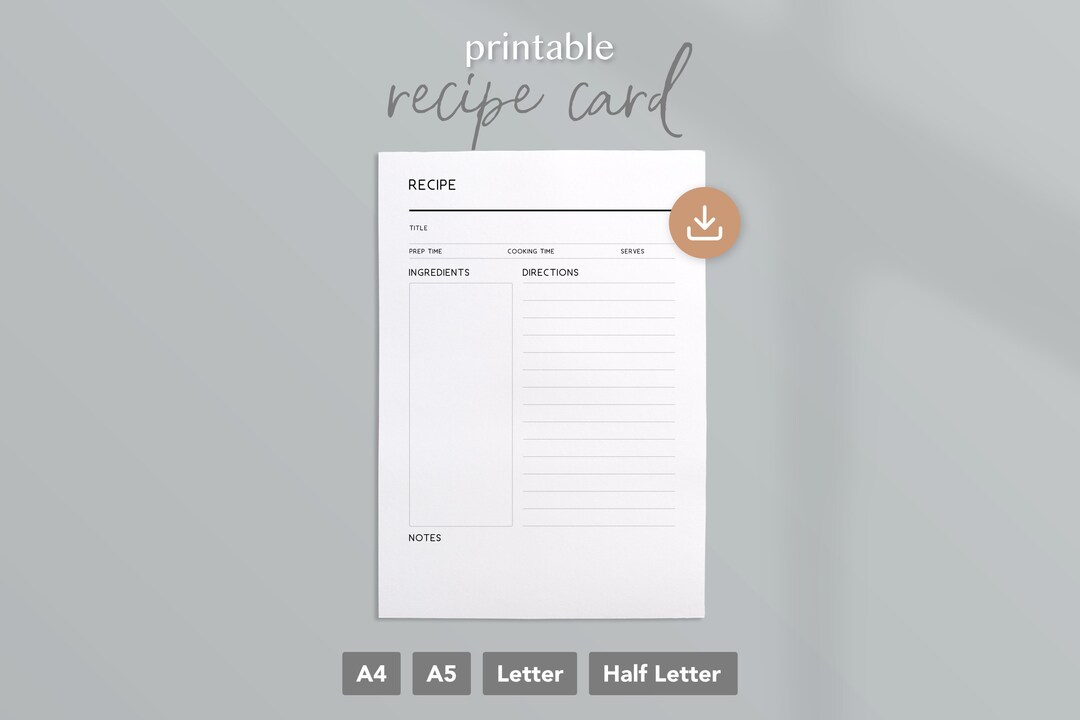 Printable Recipe Card | A4, A5, Letter, Half Letter Planner Inserts - Etsy