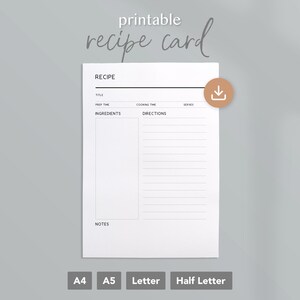 Printable Recipe Card | A4, A5, Letter, Half Letter Planner Inserts - Etsy