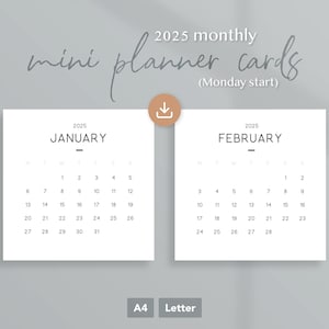 Montag Start - 2025 Druckbare Mini Monatsplaner Karten | A4, A5, Letter, Half Letter Planer Einlagen