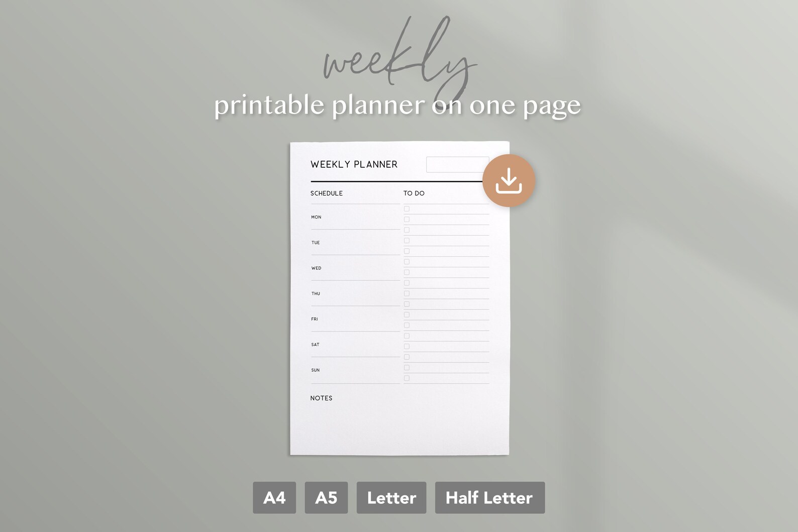 Weekly Printable Planner on One Page | A4, A5, Letter, Half Letter ...