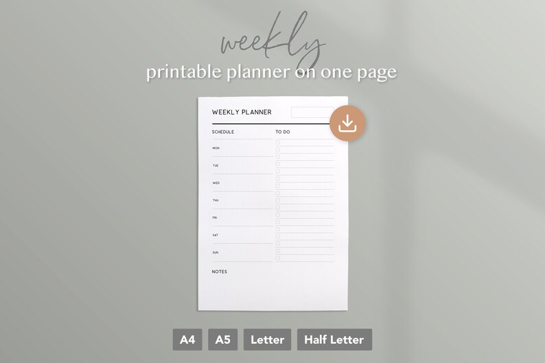 Weekly Printable Planner on One Page | A4, A5, Letter, Half Letter ...
