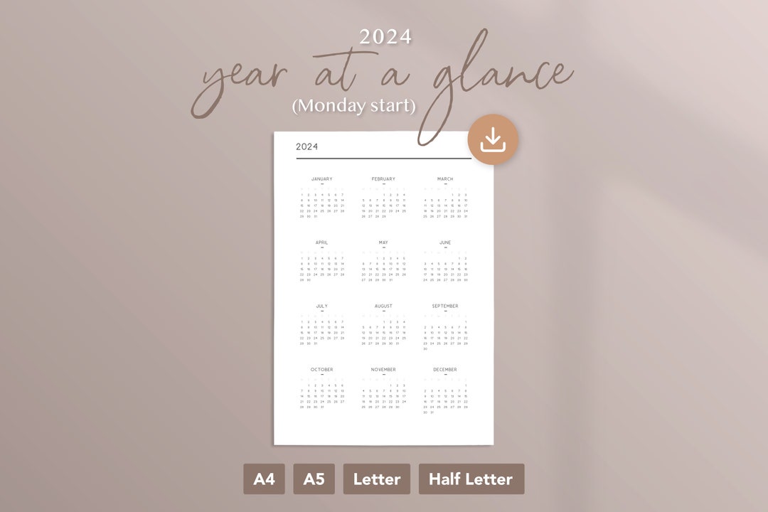 Monday Start - 2024 Printable Year at a Glance Calendar | A4, A5 ...