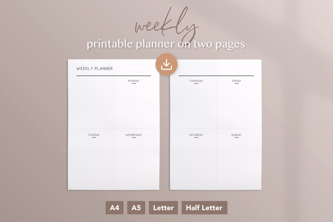Weekly Printable Planner on Two Pages | A4, A5, Letter, Half Letter ...