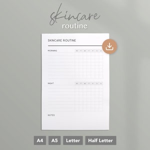 Può includere: Pianificatore di routine per la cura della pelle stampabile con sezioni per le routine del mattino e della sera, una sezione note e una griglia per tenere traccia dei prodotti utilizzati ogni giorno della settimana. Il pianificatore è disponibile nei formati A4, A5, Letter e Half Letter.