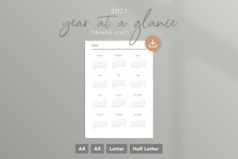 2023 Printable Year at a Glance Calendar monday Start A4 - Etsy India