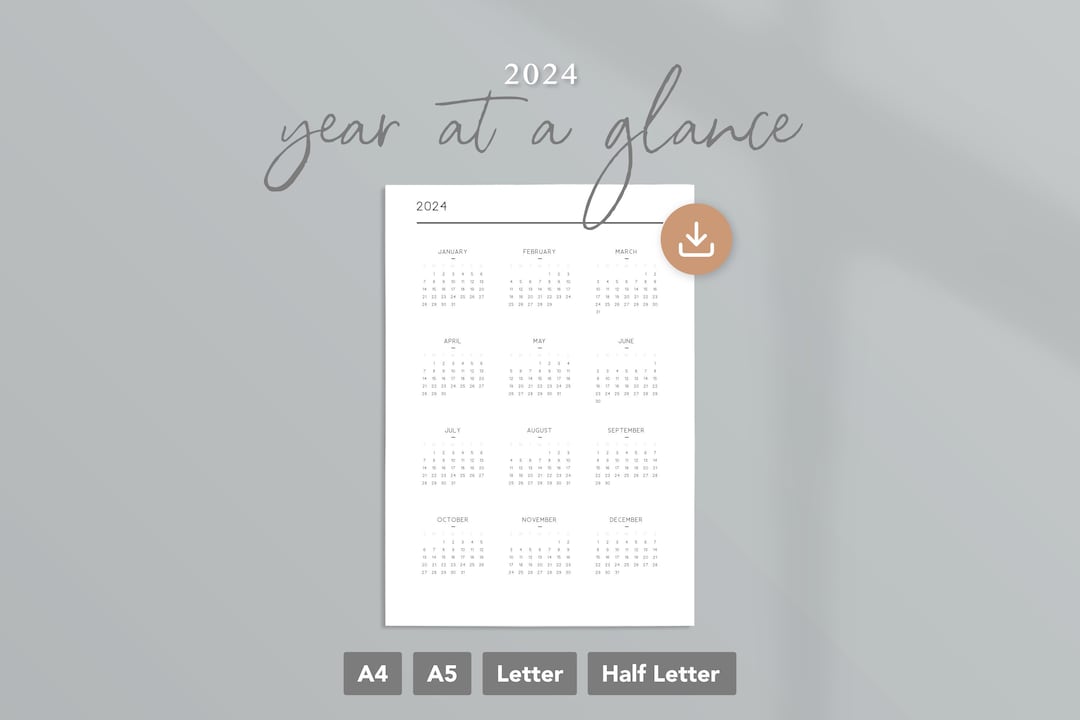 2024 Printable Year at a Glance Calendar A4 A5 Letter - Etsy Australia