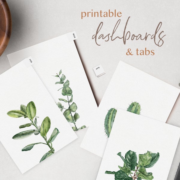 Printable Dashboard Dividers and Tabs - Watercolor Plants  | A4, A5, Letter, Half Letter Planner Inserts