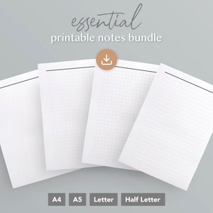 May include: Four printable note paper sheets in different sizes: A4, A5, Letter, and Half Letter. The sheets are blank with different grid patterns. The text "essential printable notes bundle" is at the top of the image.