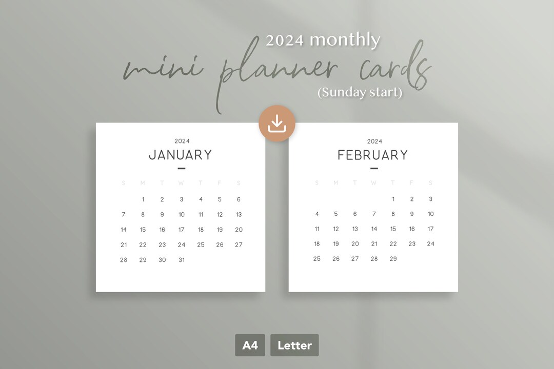 Sunday Start - 2024 Printable Mini Monthly Planner Cards | A4, A5 ...