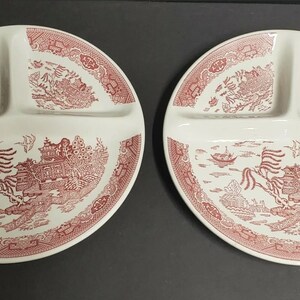 2 Vintage Oriental Japan Grill Plate red Pink White Divided Dish