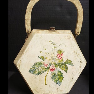 Vintage Wooden Purse Hexagon Shape Green Plaid with Mirror Old Hand Painted