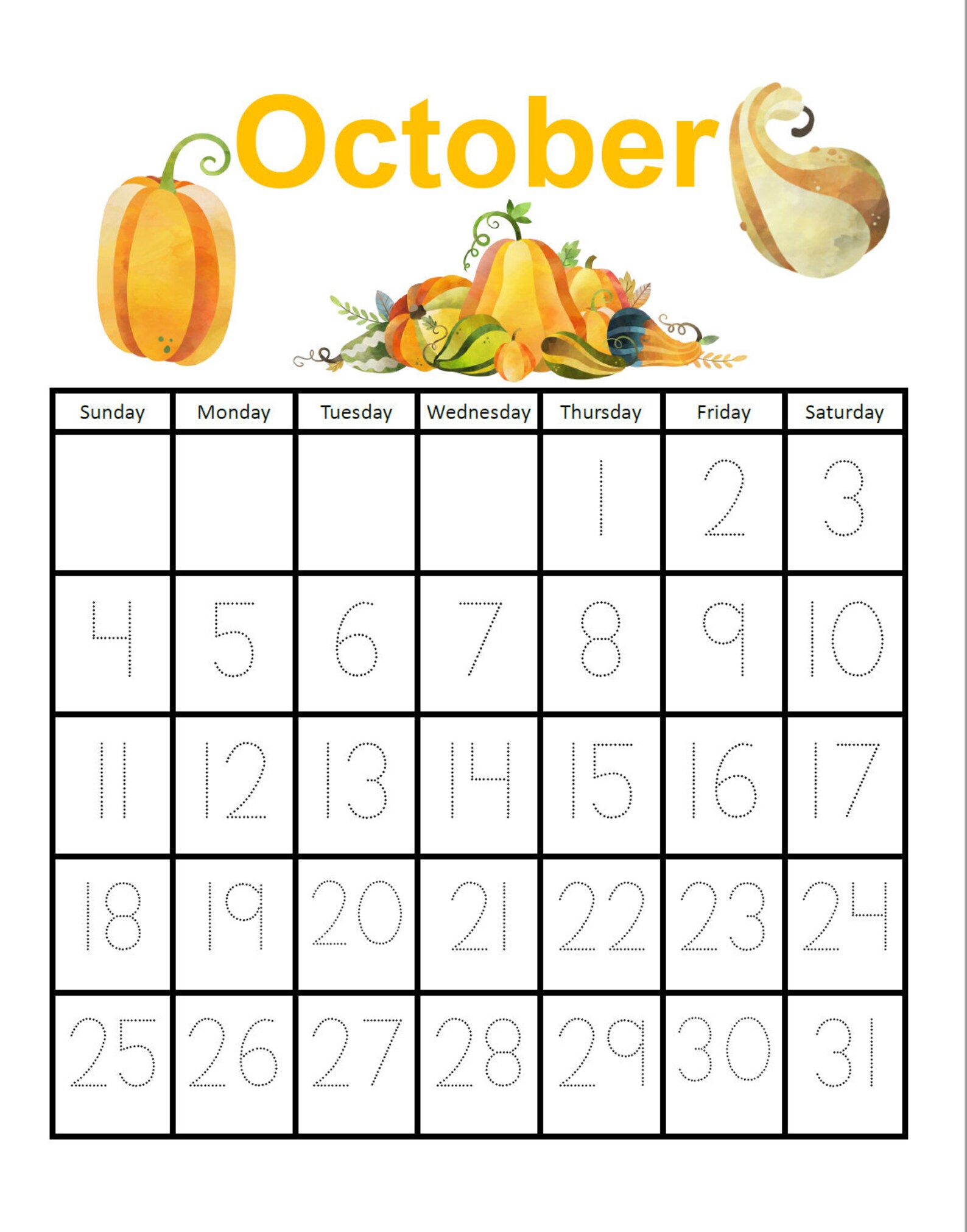 October 2020 Traceable Calendar ONLY Etsy