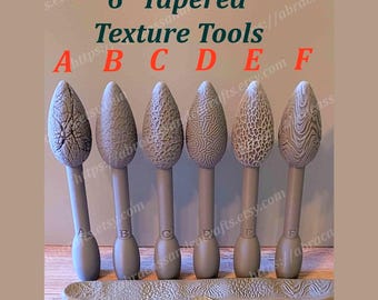 May include: Six 6-inch tapered texture tools labeled A through F, each featuring a unique embossed pattern on the head. A flat, rectangular clay strip displays the corresponding textures, and a US quarter coin is placed in front for scale.