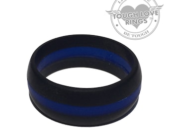 TOUGH LOVE - Black with Thin Blue Line (Thick band) - Premium Silicone Wedding Rings