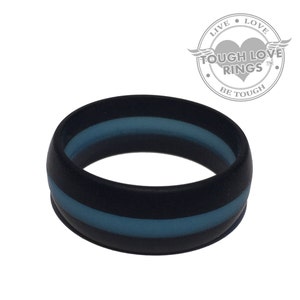 TOUGH LOVE - Black with Thin Blue FIRE, Glow (Wide band, 8.7mm) - Premium Silicone Wedding Rings