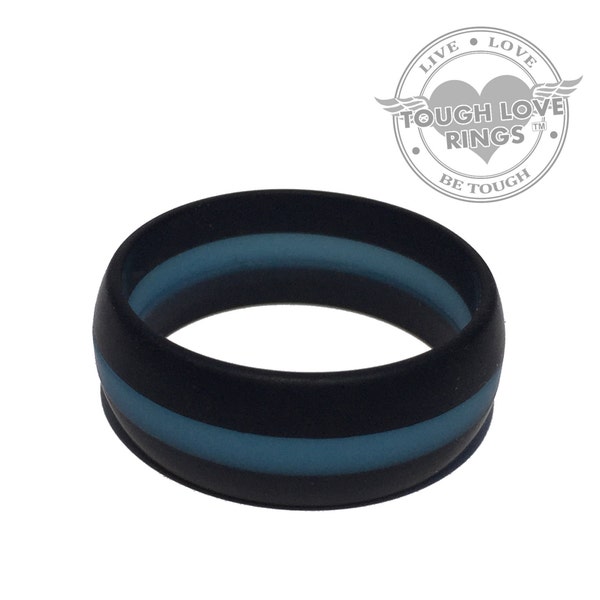 TOUGH LOVE - Black with Thin Blue FIRE, Glow (Wide band, 8.7mm) - Premium Silicone Wedding Rings