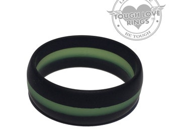 TOUGH LOVE - Black with Thin Green FIRE, Glow (Wide band, 8.7mm) - Premium Silicone Wedding Rings