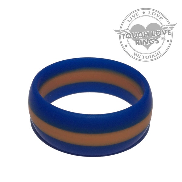 TOUGH LOVE - Blue with Thin Orange Line (Wide band, 8.7mm) - Premium Silicone Wedding Rings