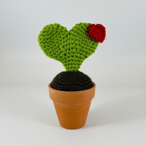 May include: A crocheted heart-shaped cactus plant in a terracotta pot with a red crocheted flower on top.