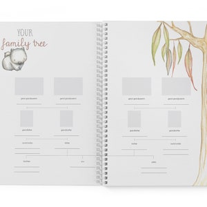 May include: A white, illustrated family tree template with a koala bear at the top. The template includes spaces for names and photos of family members, including great grandparents, grandparents, aunts and uncles, siblings, and you.