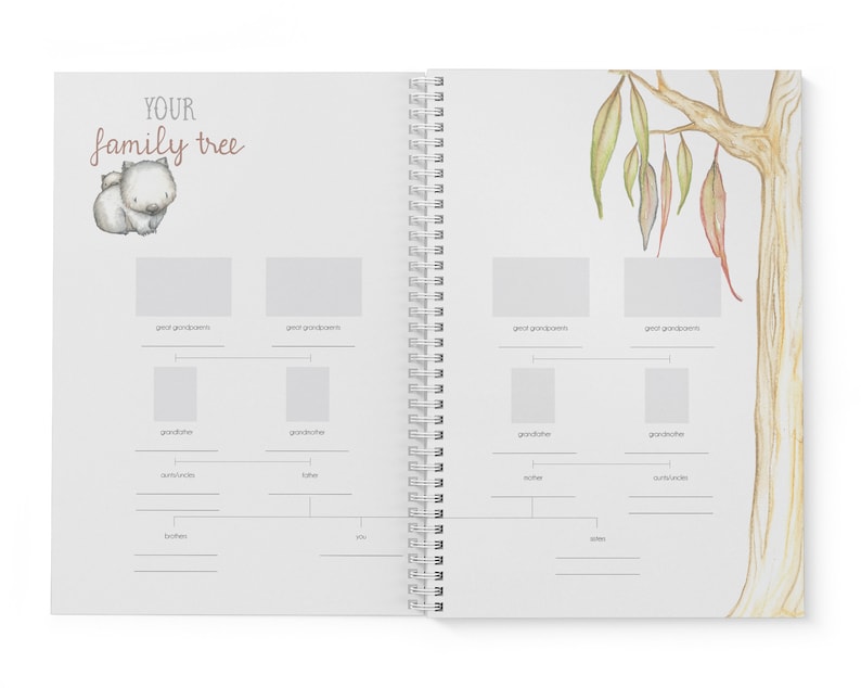 May include: A white, illustrated family tree template with a koala bear at the top. The template includes spaces for names and photos of family members, including great grandparents, grandparents, aunts and uncles, siblings, and you.
