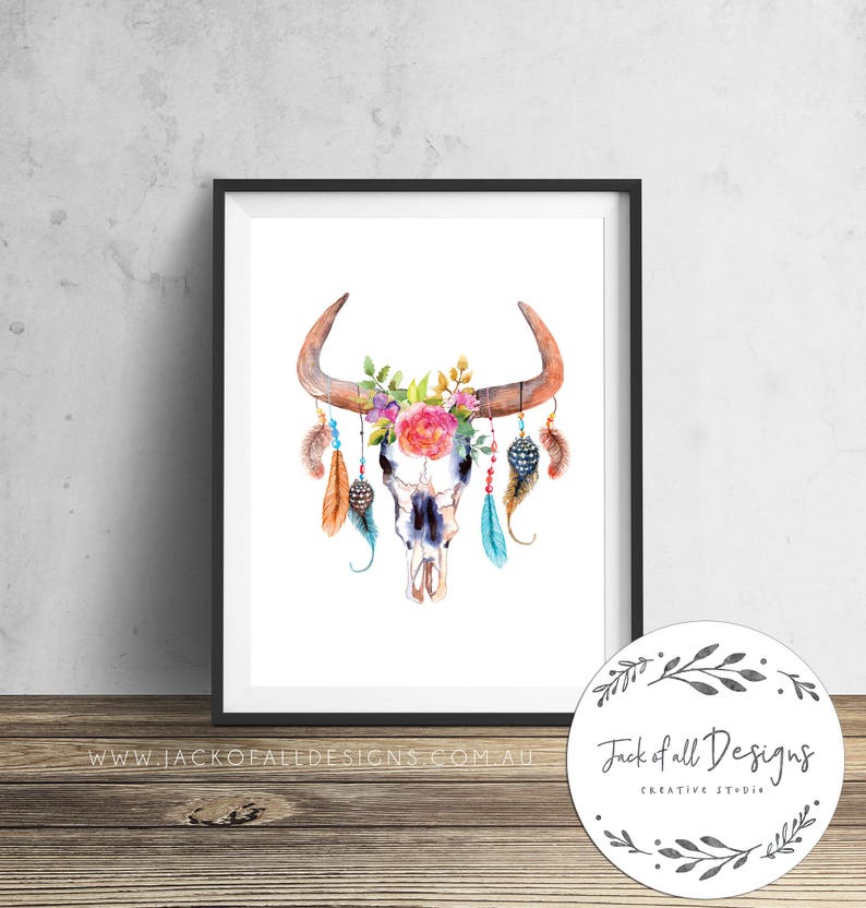 Boho Cow Skull Wall Art Print Etsy