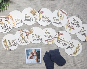 May include: A collection of baby milestone cards with floral illustrations and months labeled, alongside a photo and a pair of navy blue socks. The cards are white with gold lettering and botanical designs.
