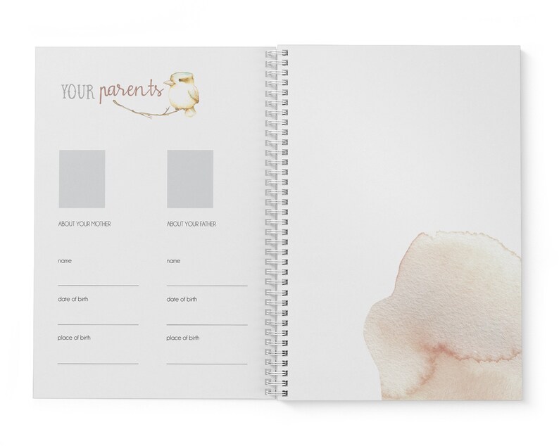 May include: A white spiral bound journal with a watercolor design on the cover. The front cover has the text "YOUR parents" and a small bird illustration. The inside pages have sections for "About Your Mother" and "About Your Father" with lines for writing names, dates of birth, and places of birth.