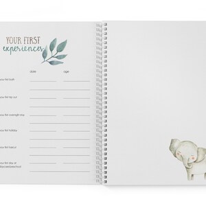Puede incluir: Un cuaderno blanco de espiral con una rama verde con hojas y el texto "YOUR FIRST experiences" en la portada. La p&aacute;gina derecha tiene una ilustraci&oacute;n de acuarela de un elefante gris.