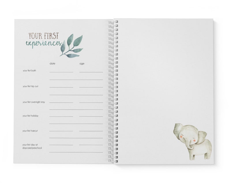 Puede incluir: Un cuaderno blanco de espiral con una rama verde con hojas y el texto "YOUR FIRST experiences" en la portada. La p&aacute;gina derecha tiene una ilustraci&oacute;n de acuarela de un elefante gris.