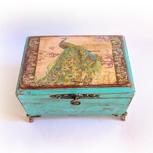 Peacock Box Jewelry Box Shabby chic Box Peacock Gift Trinket Decoupage Box Green